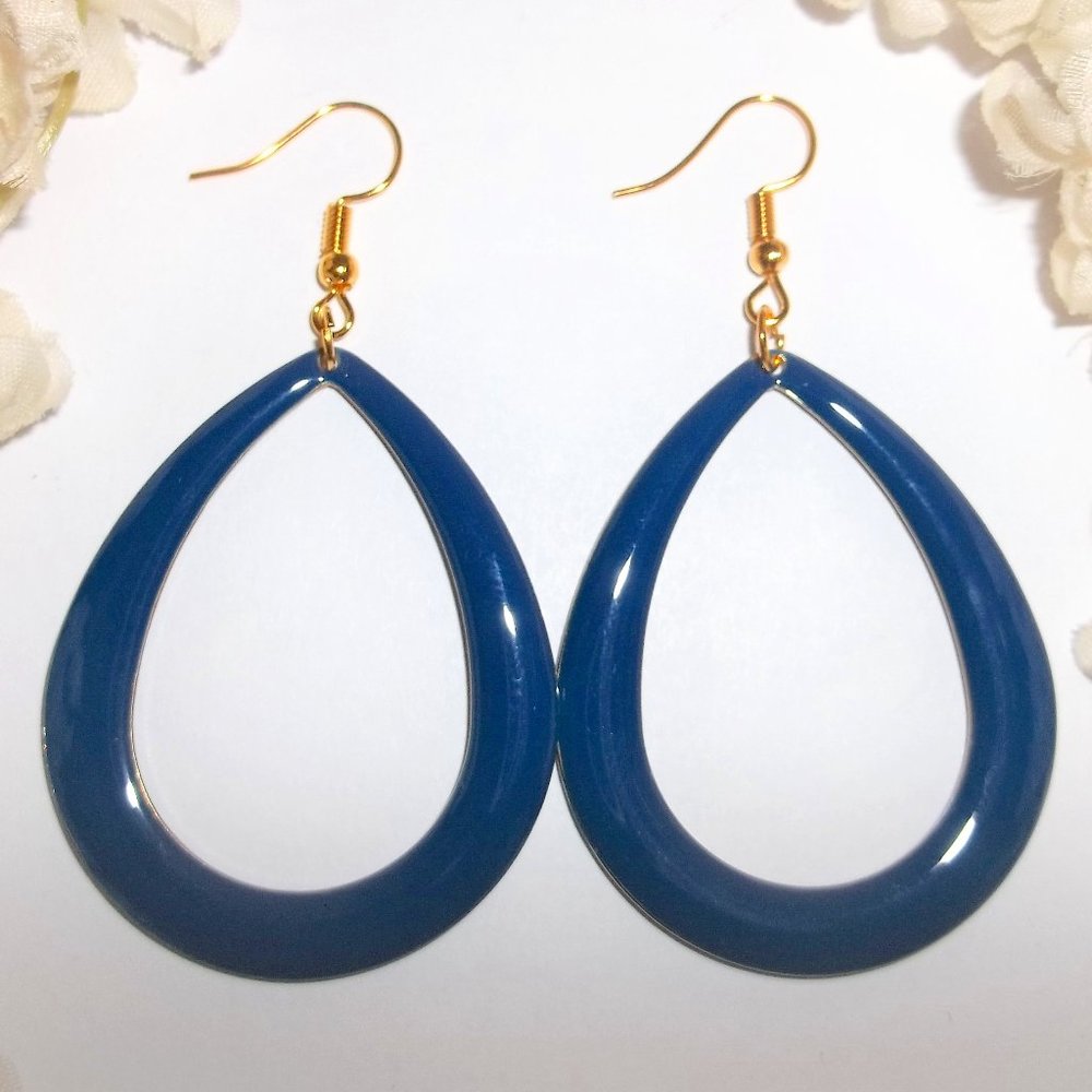 Big Gold & Blue Hoop Earrings Statement Big 6626 - Picture 1 of 8